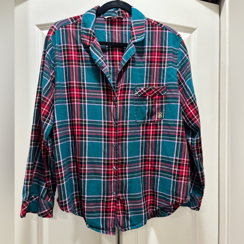 Victoria's Secret Plaid Red and Green Button Down Bed Shirt Cotton Blend Sz M